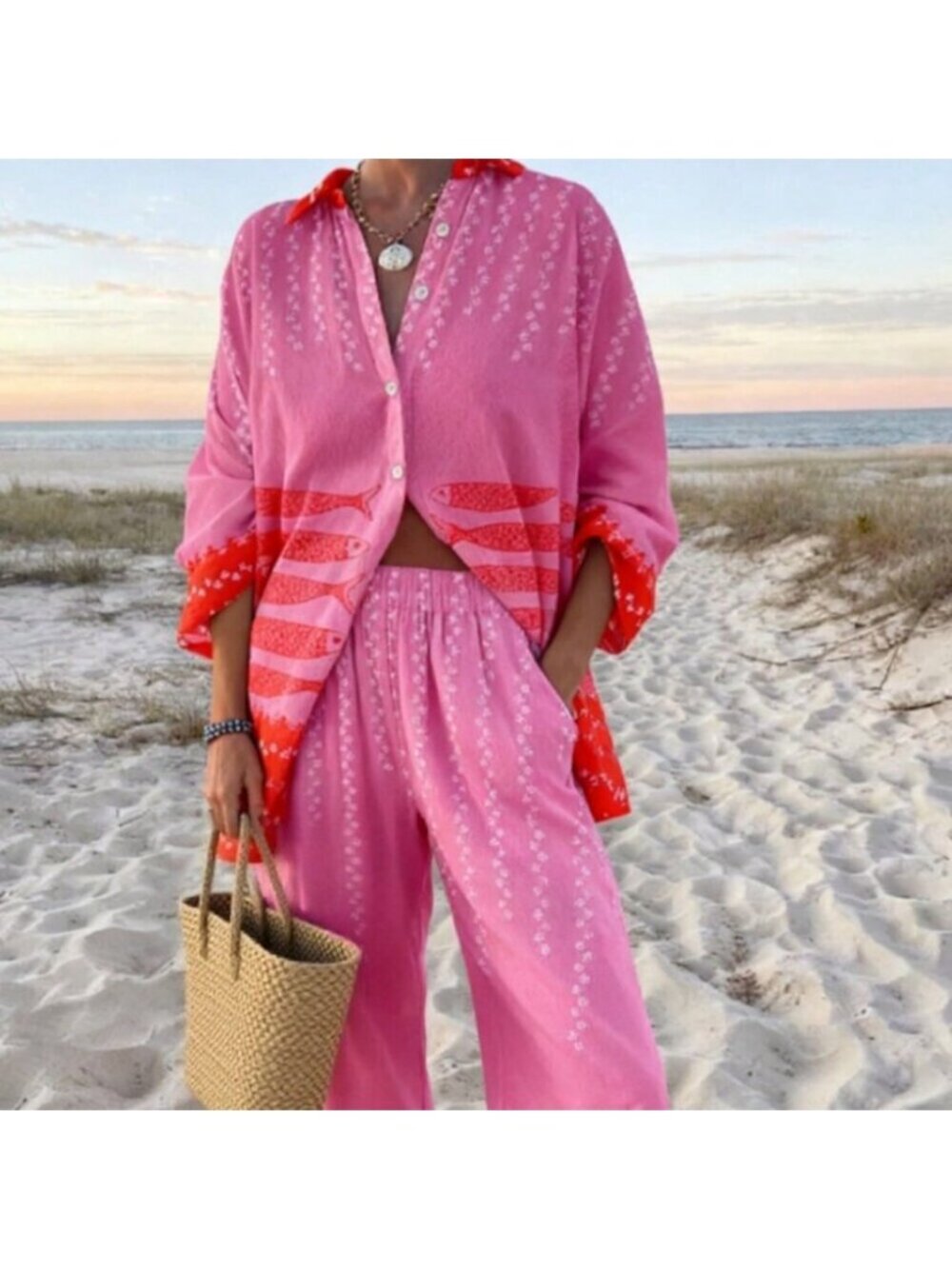 Pink Oversized Women's Long Sleeve Sardine Print Vacation Set